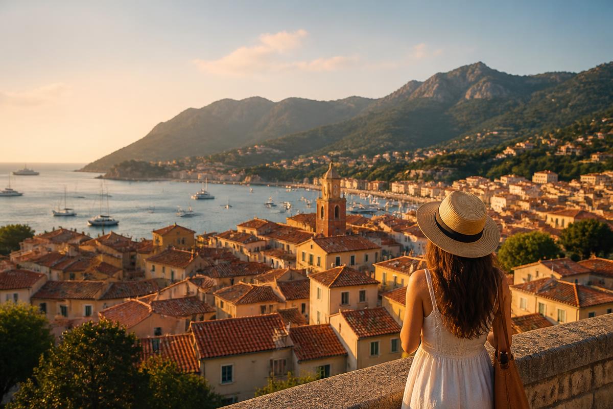 A traveler overlooking a sunlit coastal town